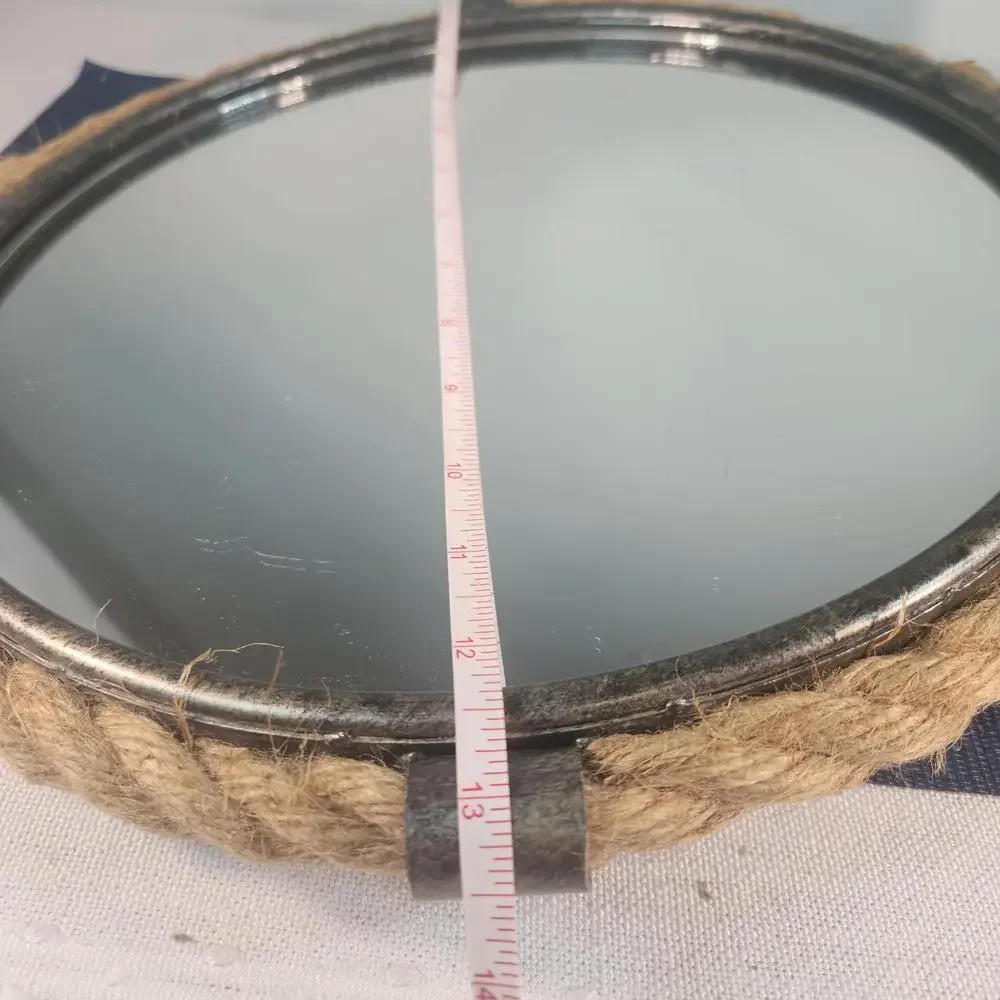 Vintage Round Table Mirror with Rope Frame and Metal Base 18x13 inches